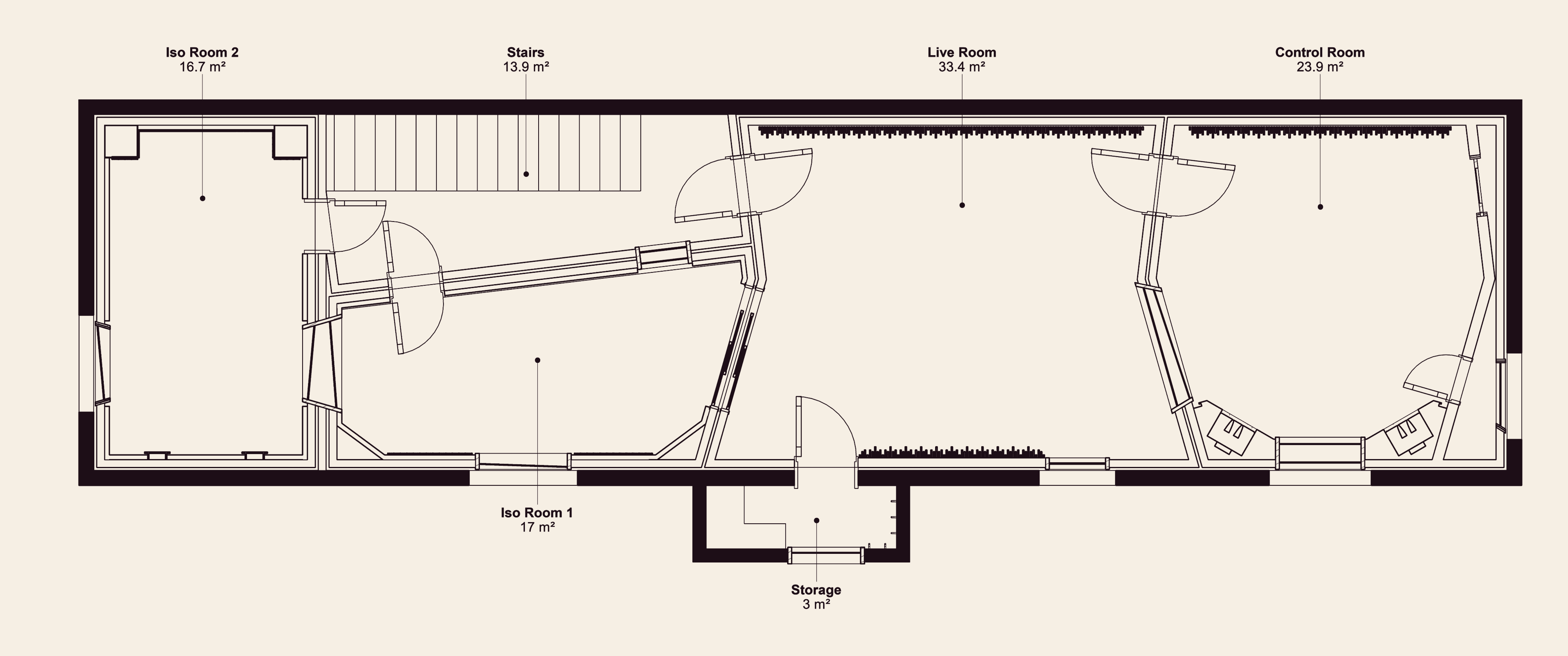 Plano · Estudio A · control room, live room e iso rooms destacadas